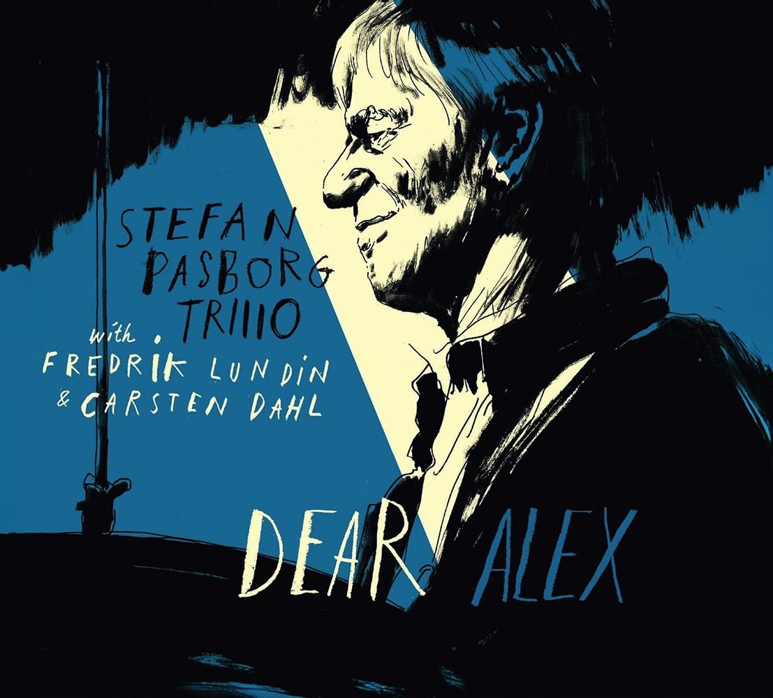 Black and blue album cover with illustrated portrait of a man.