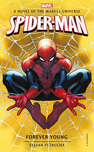 Spider-Man crouches on a yellow webbed background, book cover art.