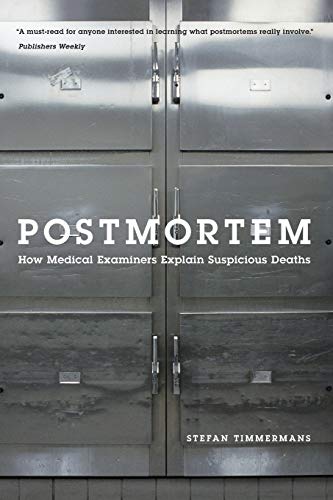 Book cover: “Postmortem” with a stainless steel morgue drawer background.