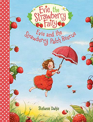 Young girl in fairy costume standing in strawberry field with colorful background illustrations.