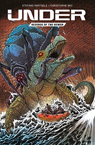 Comic book cover featuring a large, monstrous reptile and small figures.
