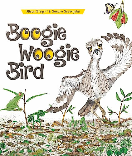 Boogie Woogie Bird" book cover featuring a bird, frog, and plants.
