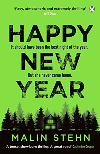 Book cover: "Happy New Year" with a dark forest and lit cabin.