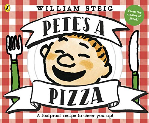 Book cover: smiling boy’s face as a pizza with fork and knife.