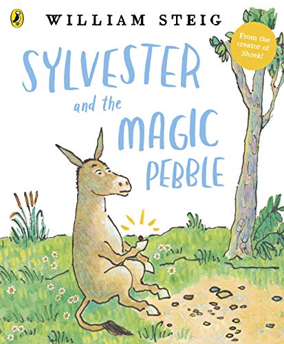 Book cover: Donkey with a glowing pebble in a grassy field.