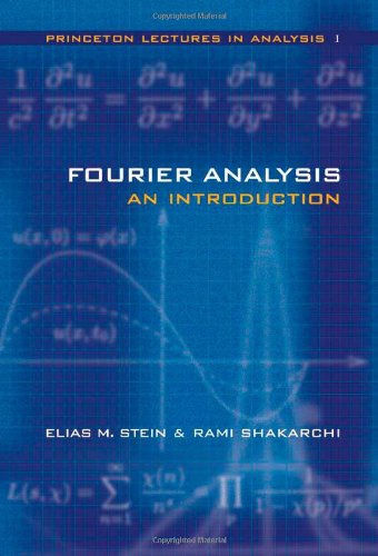 Blue book cover with mathematical equations and graphs, titled Fourier Analysis: An Introduction.