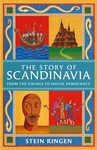 Book cover: “The Story of Scandinavia” with Viking ship and stave church.