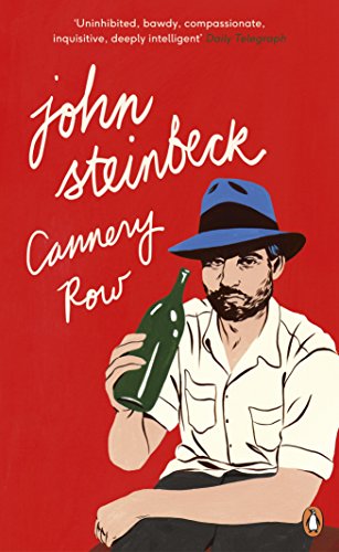 "Book cover of 'Cannery Row' by John Steinbeck, featuring a man with a bottle."