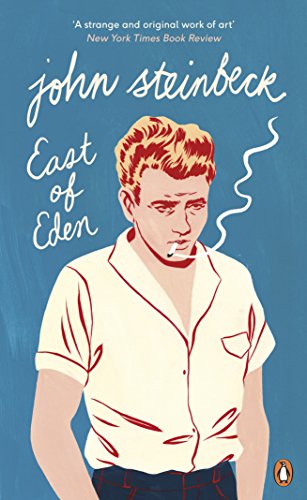 "Book cover of 'East of Eden' by John Steinbeck, featuring a man smoking."