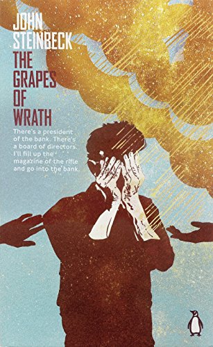 "Book cover of 'The Grapes of Wrath' with man covering face, yellow dust storm."