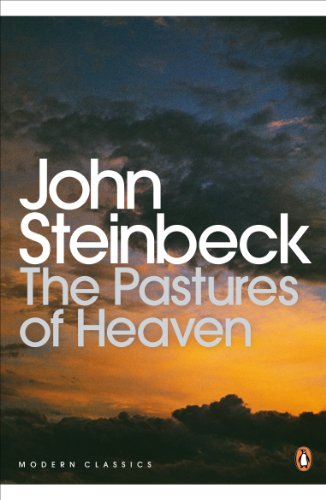 Book cover for The Pastures of Heaven by John Steinbeck featuring a sunset sky.