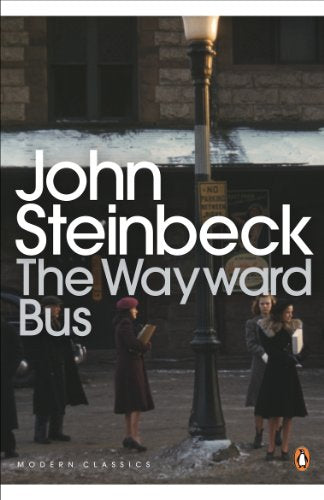 Book cover for The Wayward Bus by John Steinbeck featuring people on a street.