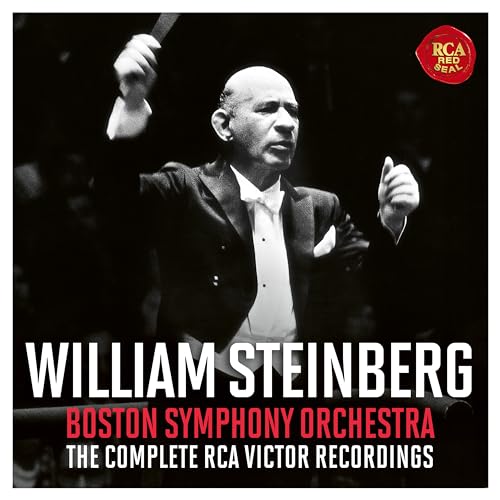 Black and white photo of conductor William Steinberg with orchestra text.