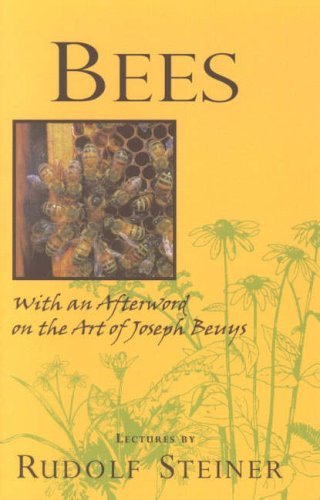 Book cover with a yellow background, a photo of bees, and floral line drawings.