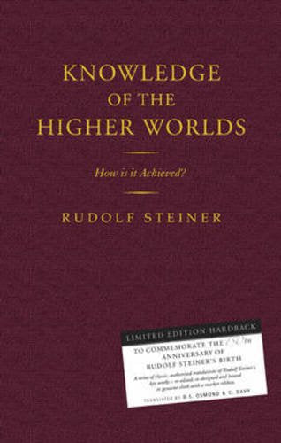 Book cover titled Knowledge of the Higher Worlds by Rudolf Steiner on maroon background.
