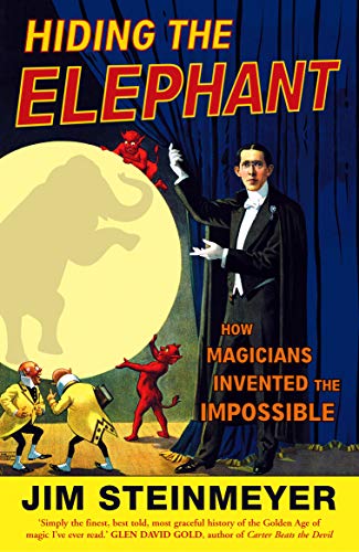 Book cover: magician with illusions, red devils, and an elephant.