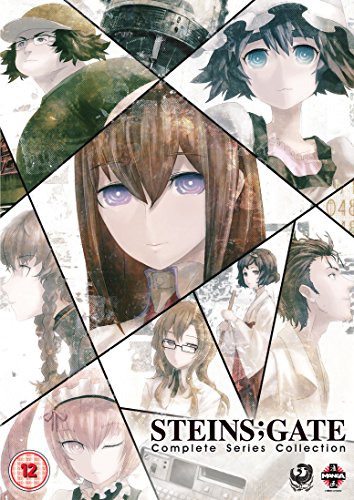 Collage of Steins Gate anime characters in a geometric layout with series title text.