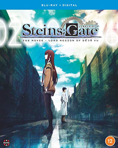 Anime characters stand on a city street under a bright sky, Steins;Gate movie cover.