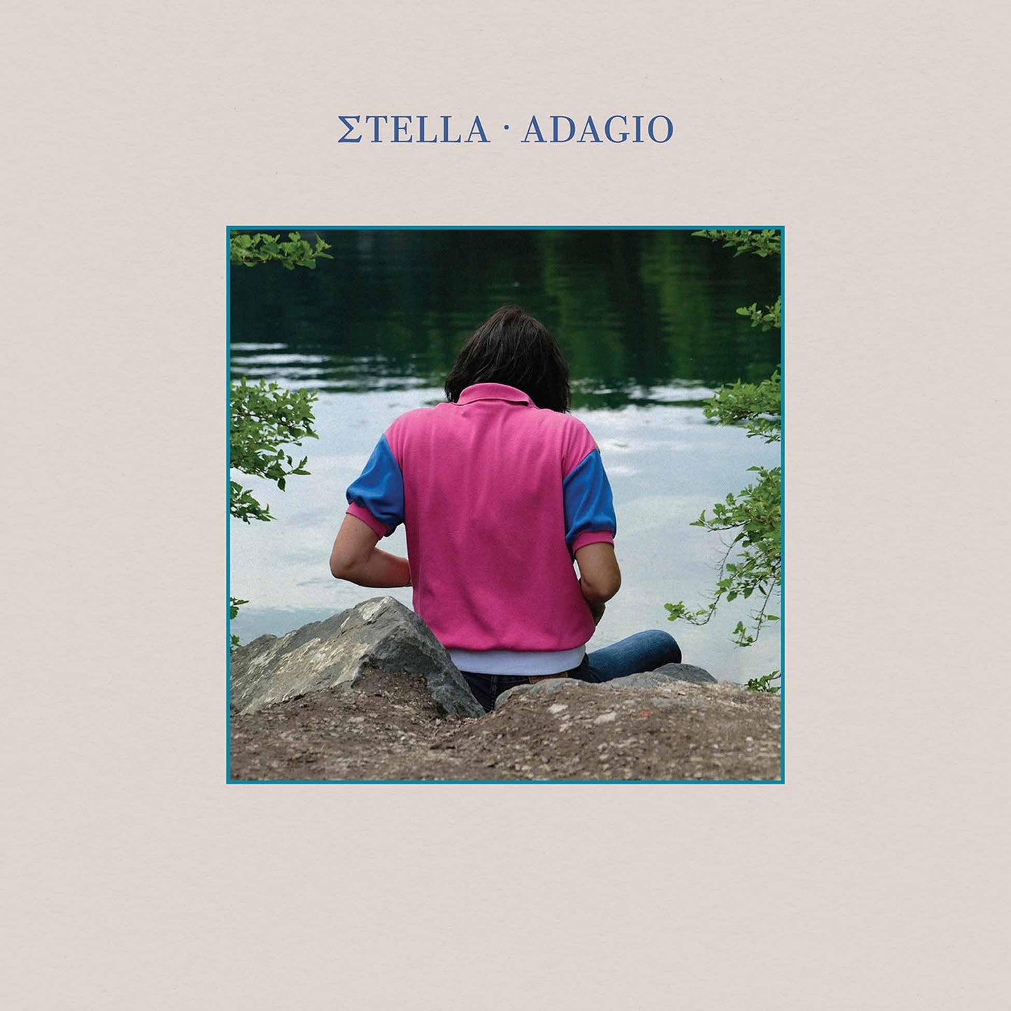 CD cover: person in pink sits by a lake, text above image.