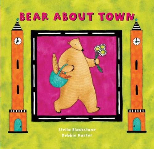 Bear carrying a basket and flowers, framed by towers and clocks.