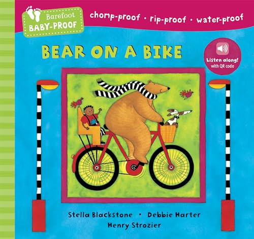A bear riding a bicycle, likely a colorful illustration or figurine with wheels attached.