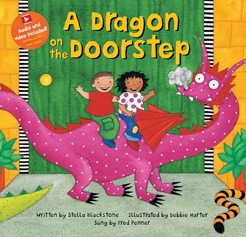 Pink dragon with two children riding, book cover illustration.