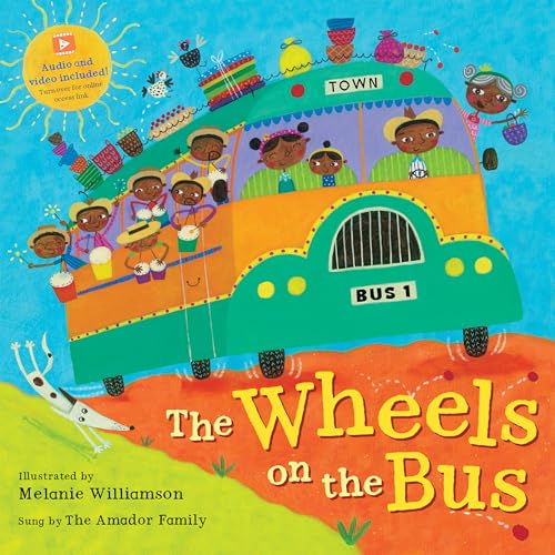 Colorful illustration of a bus full of children, book cover for "Wheels on the Bus".