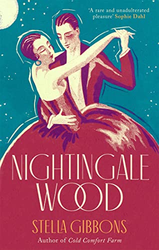 Book cover: couple dancing, dark background, title “Nightingale Wood” by Stella Gibbons.