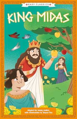 Book cover: King Midas illustration with figures and golden apples.