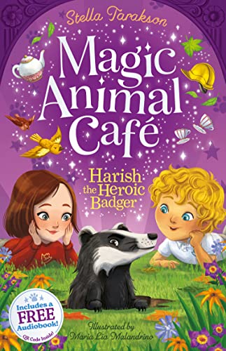Book cover: two children and a badger in a floral field.