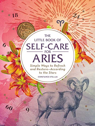 Book cover with Aries symbol, ram, lilies, and astrological imagery.