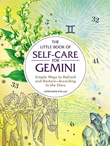 Book cover with floral design, Gemini symbol, and astrological illustrations.