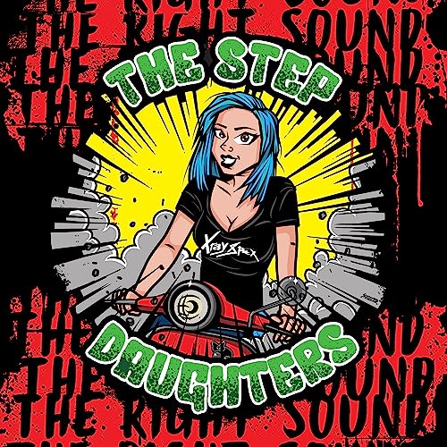 Vinyl record cover: cartoon woman with blue hair on a motorcycle.
