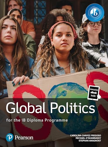 Diverse students hold a protest sign with a globe drawing, titled Global Politics textbook cover.