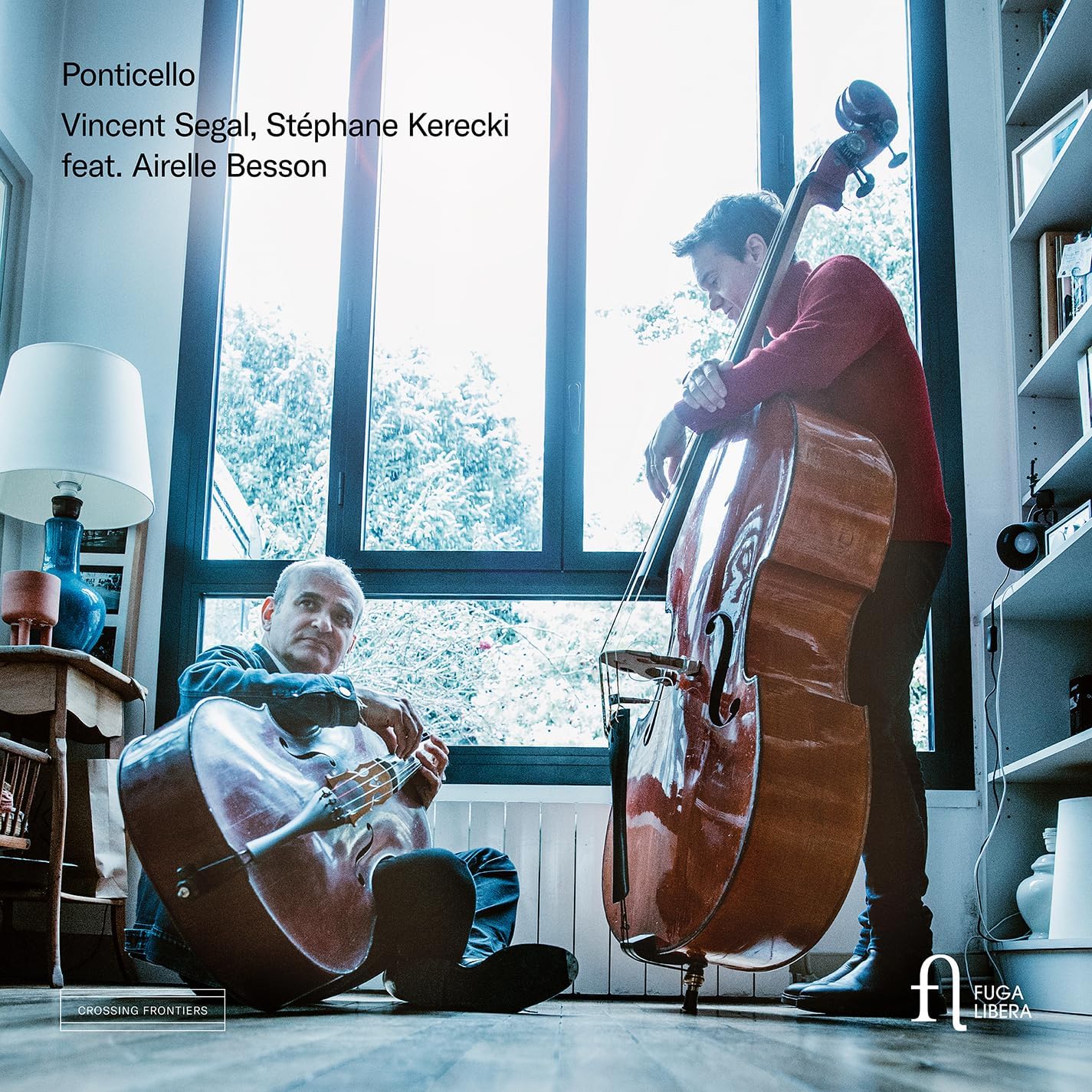 CD cover: two men playing double basses indoors, with a window backdrop.