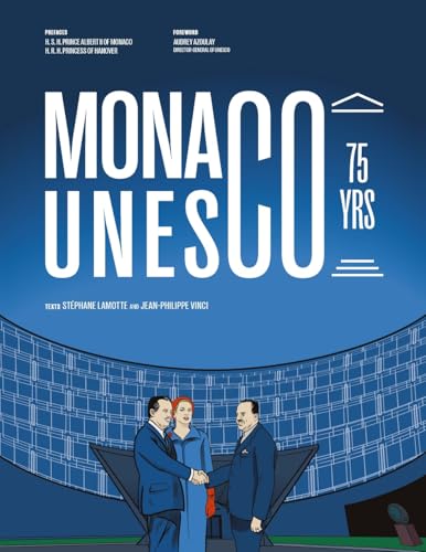 Book cover: "Monaco UNESCO : 75 years" with illustrated handshake scene.