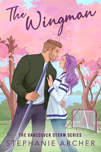 A man and woman gaze at each other beneath cherry blossom trees near a net.