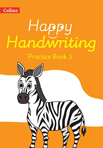 Orange book cover with “Happy Handwriting Practice Book 3” and a zebra.