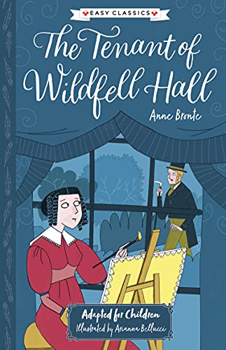 Book cover: "The Tenant of Wildfell Hall" with illustrated figures painting.