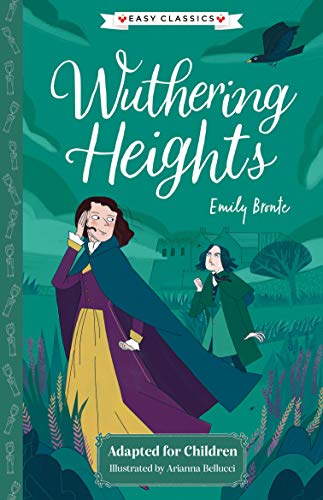 Book cover illustration of two figures in a landscape titled Wuthering Heights by Emily Bronte.