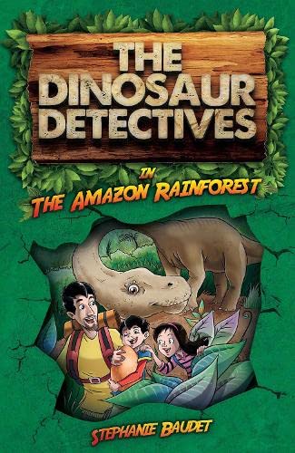 Book cover featuring a dinosaur and three children in a jungle setting.