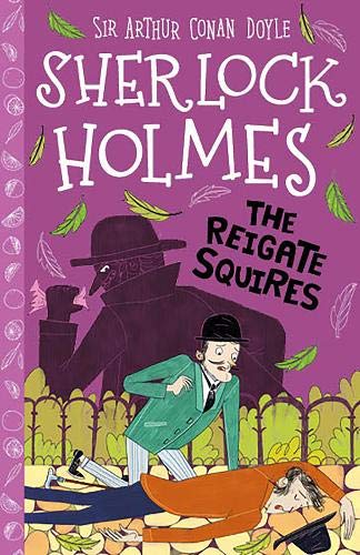 Book cover illustration of Sherlock Holmes investigating a fallen man on a purple background.