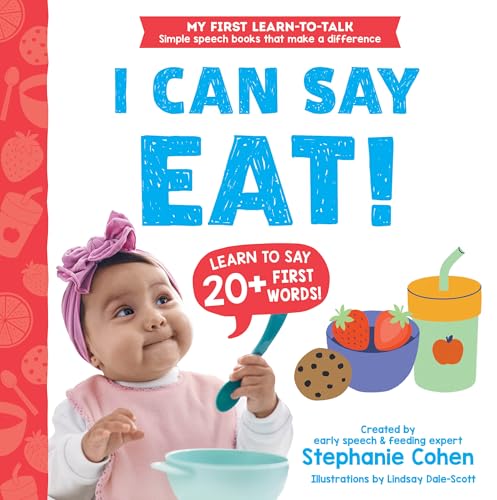 Baby with spoon, strawberries, and yogurt, learning to say "Eat!