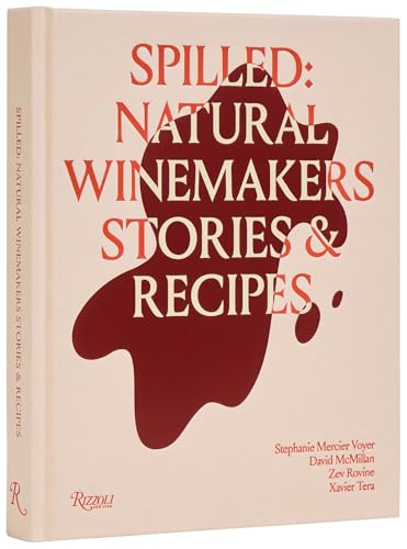 Hardcover book cover with red wine spill graphic and title text on cream background.
