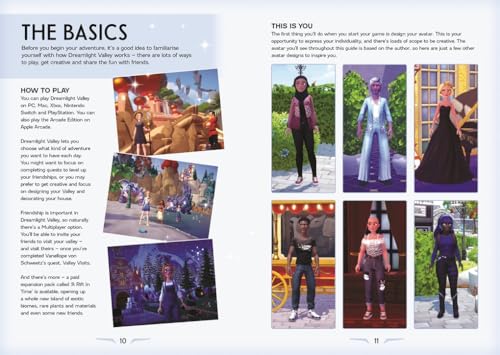 Open pages of "Disney Dreamlight Valley" guide showing character designs and gameplay.