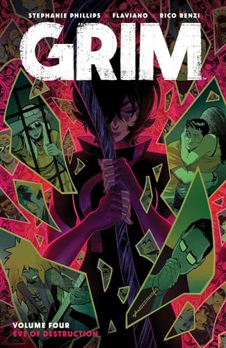 Comic book cover: "Grim Vol. 4" featuring a woman with fractured character portraits.