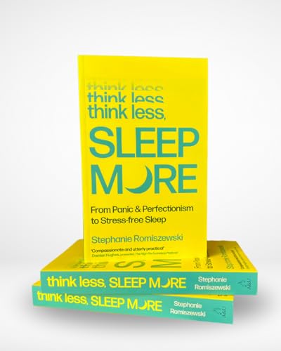 Three copies of the book Think Less, Sleep More stacked against a white background.