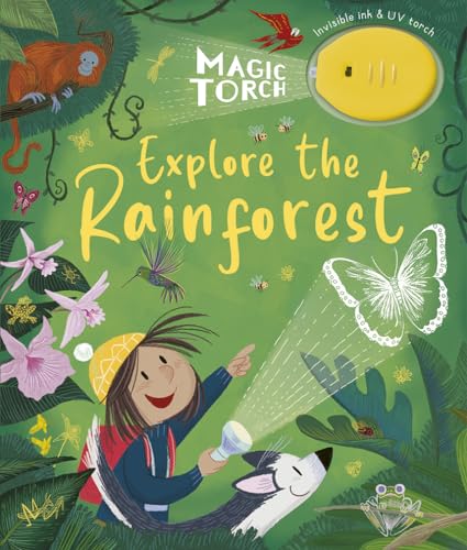 Rainforest scene with child, dog, and glowing butterfly, plus a yellow torch.