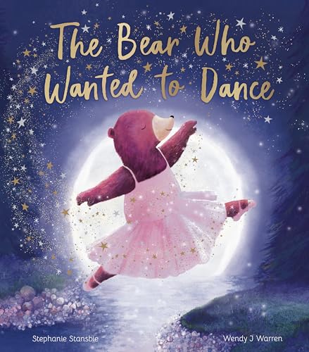 Brown bear in pink tutu dances joyfully under a starry moon.
