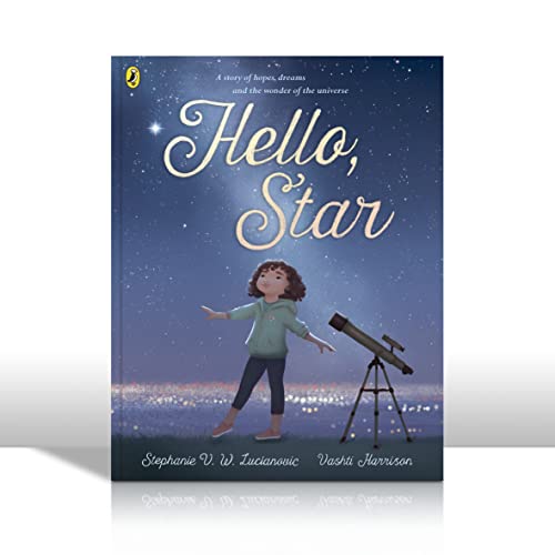 Book cover: girl with telescope looking at starry night sky.